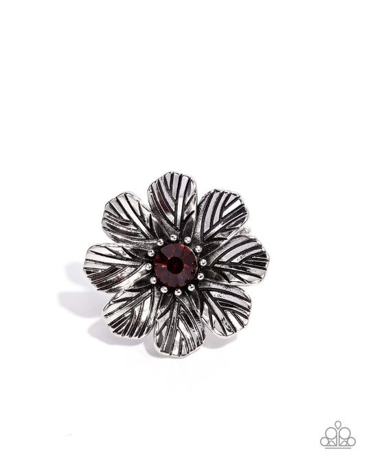 Textured Truth - Brown Tea Rhinestone Silver Flower Ring Paparazzi R1187