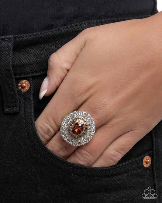 Oval Opening - Brown Topaz Gem White Rhinestone Ring Paparazzi R1088