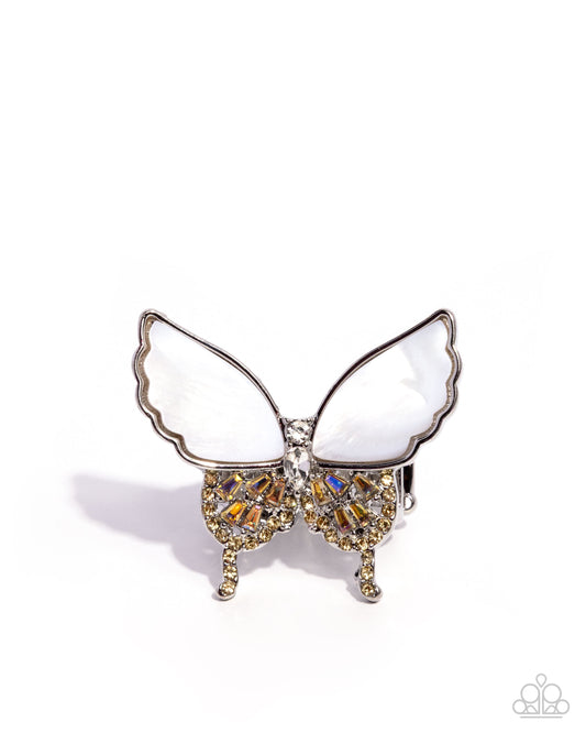 Butterfly Benefit - Yellow Iridescent Rhinestone & White Shell Silver Butterfly Ring Paparazzi R1118