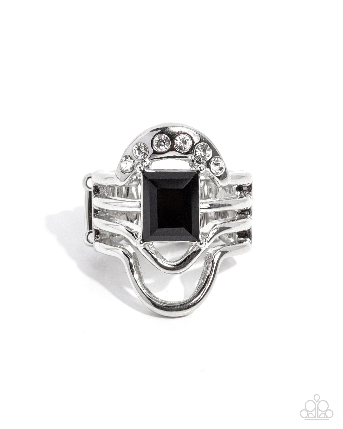 Abstract Action - Black Square Gem, White Rhinestone Ring Paparazzi R1147