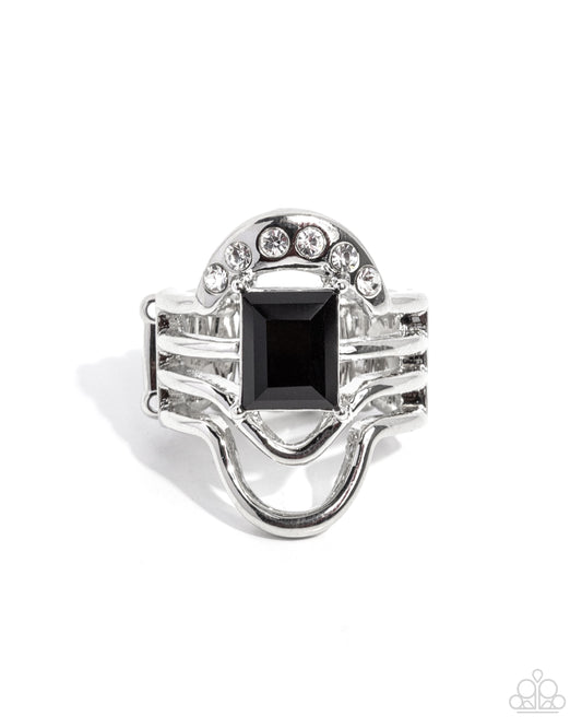 Abstract Action - Black Square Gem, White Rhinestone Ring Paparazzi R1147