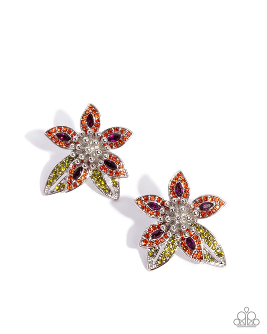 Paparazzi Floral Fairness - Multi Olive, Orange Rhinestone & Fuchsia Gem Flower Post Earring