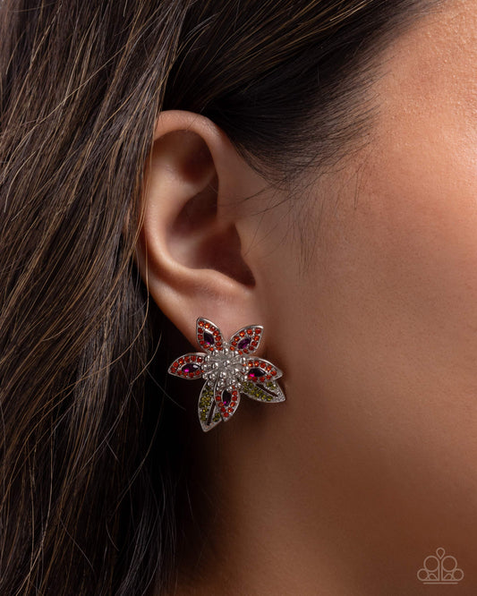 Paparazzi Floral Fairness - Multi Olive, Orange Rhinestone & Fuchsia Gem Flower Post Earring