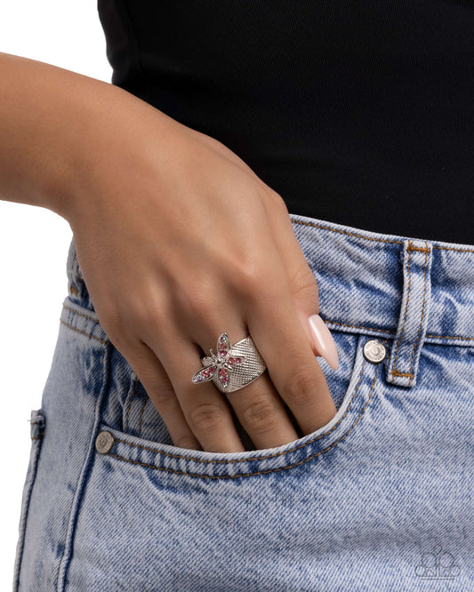 Paparazzi Gated Glide - Pink Rose, Fuchsia & Iridescent Rhinestone Butterfly Silver Ring