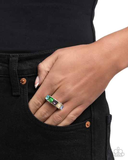 Traditional Treasure - Multicolored Green, Pink, Yellow & Blue Rhinestone Rainbow Ring Paparazzi R1120