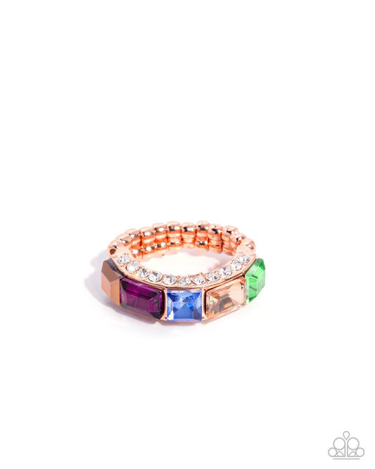 Paparazzi Traditional Treasure - Copper- Shiny Copper, Green, Pink, Peach, Aurum & Blue Rhinestone Rainbow Ring