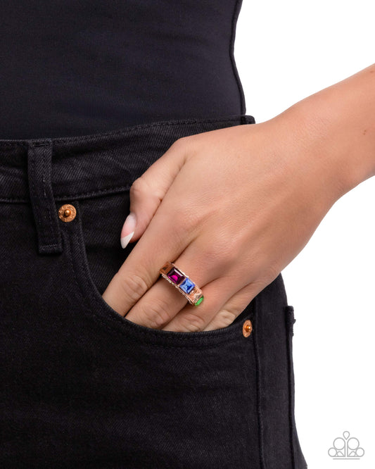 Paparazzi Traditional Treasure - Copper- Shiny Copper, Green, Pink, Peach, Aurum & Blue Rhinestone Rainbow Ring