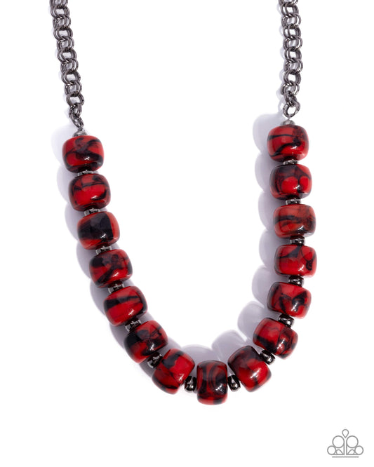 Paparazzi Swirled Serenity - Red & Black Swirled Acrylic Bead Gunmetal Necklace