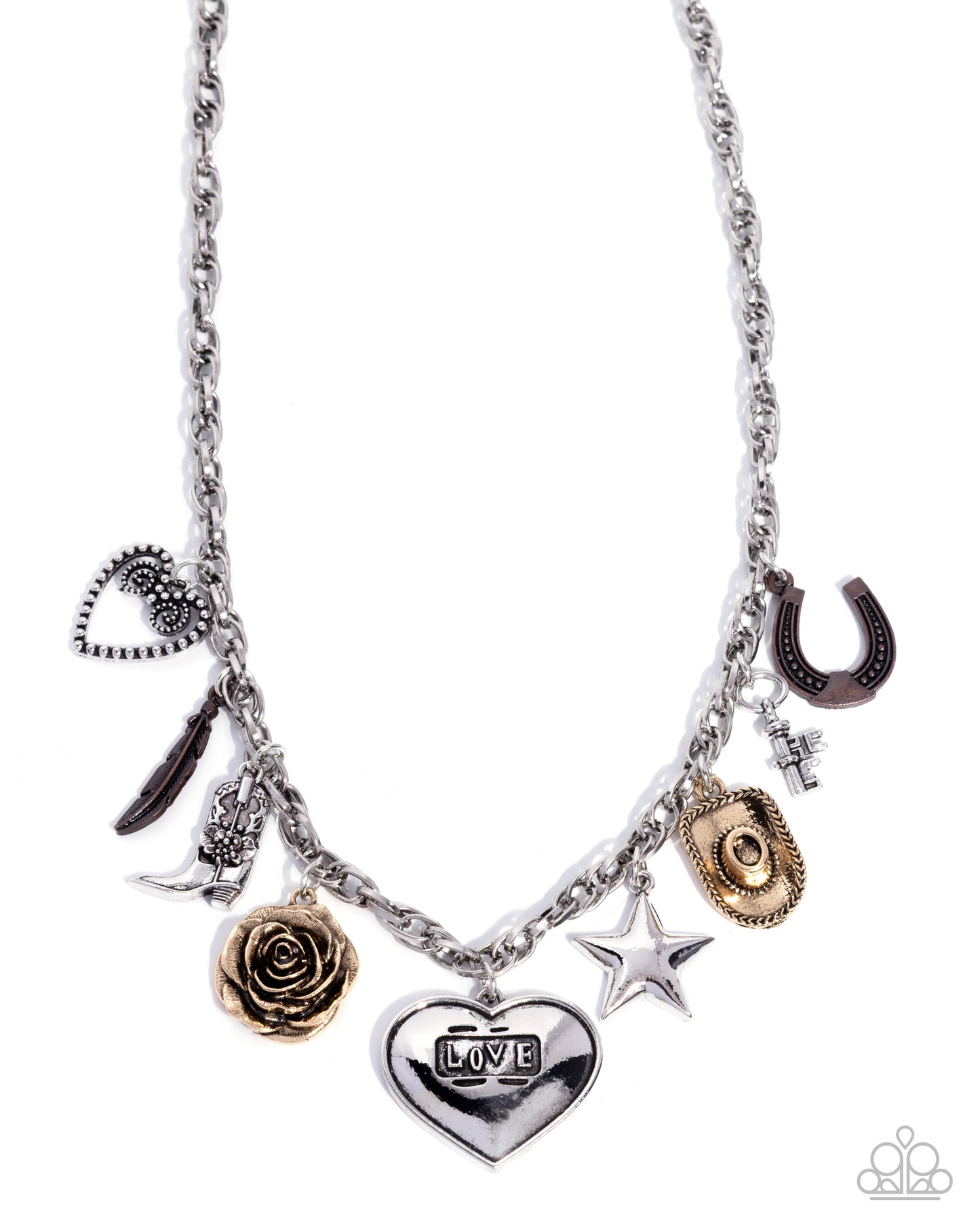 Paparazzi Badlands Boutique - Multi Antiqued Silver Charm Style Copper Horseshoe, Silver Key, Gold Cowboy Hat, Gold Rosette Necklace N3880