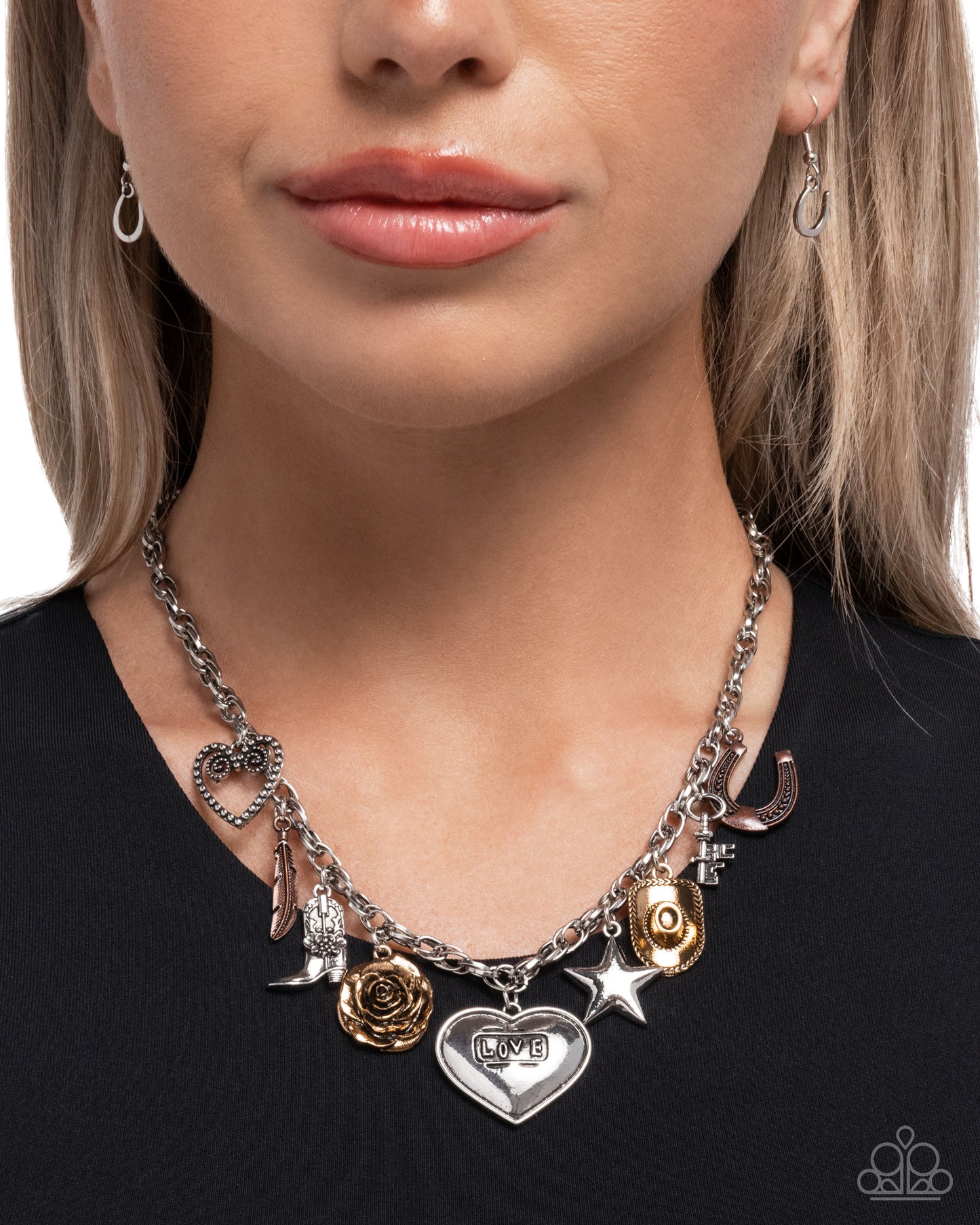 Paparazzi Badlands Boutique - Multi Antiqued Silver Charm Style Copper Horseshoe, Silver Key, Gold Cowboy Hat, Gold Rosette Necklace N3880