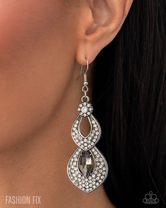 Notably Noir - Silver Smokey Gem & White Rhinestone Earring Magnificent Musings Fashion Fix July 2025 Paparazzi E2992