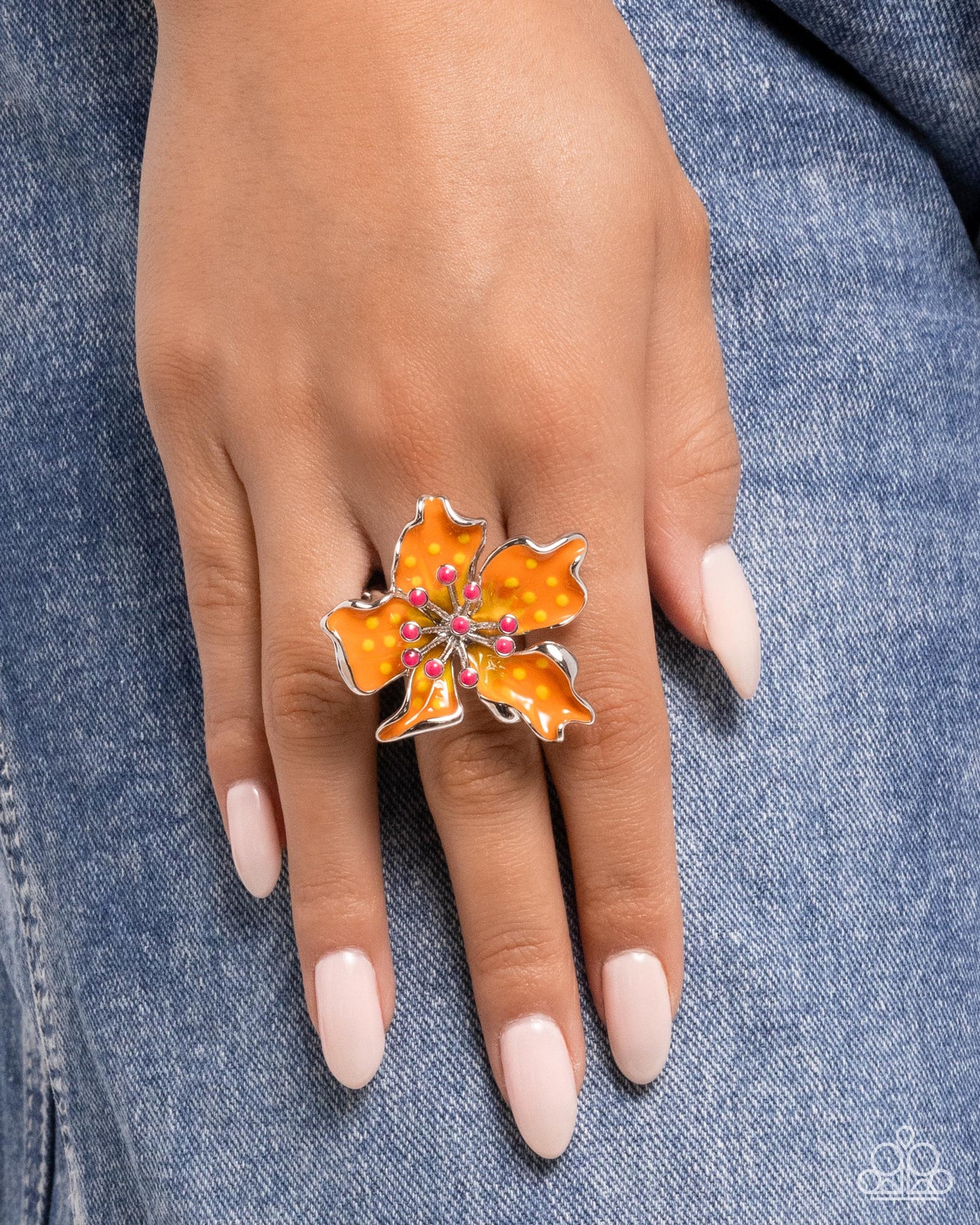 Fast Florals - Orange Painted Flower Ring Paparazzi