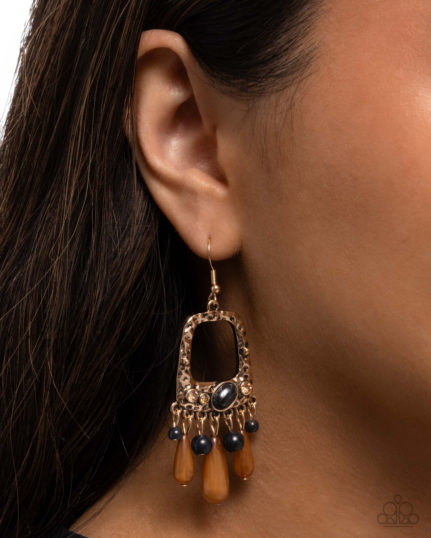 Creative Craft - Black Stone, Gold Studs & Light Topaz Rhinestone Fringe Earring Paparazzi E3137
