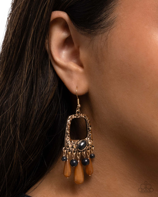 Creative Craft - Black Stone, Gold Studs & Light Topaz Rhinestone Fringe Earring Paparazzi E3137