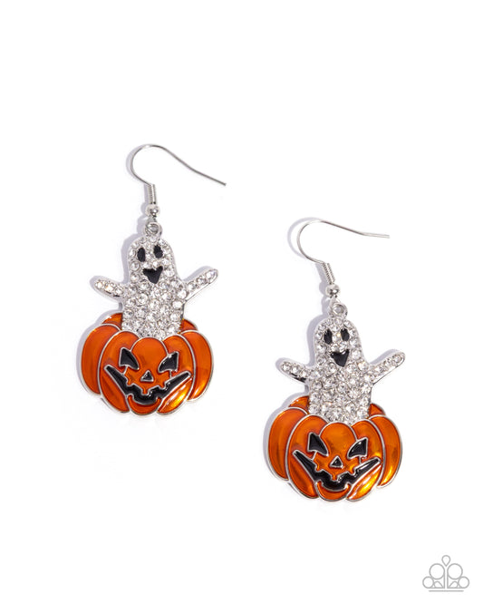 Spooky Statement - Multi White Rhinestone Ghost & Orange Pumpkin Earring Paparazzi