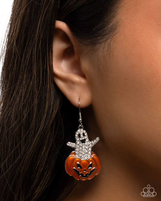 Spooky Statement - Multi White Rhinestone Ghost & Orange Pumpkin Earring Paparazzi