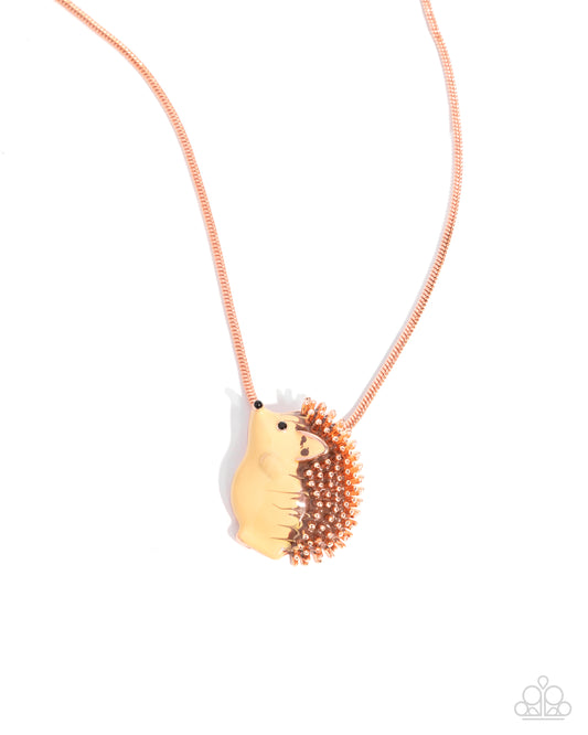 Porcupine Pizzazz - Copper - Shiny Copper, Brush & Yellow Studded Porcupine Pendant Necklace Paparazzi N3552