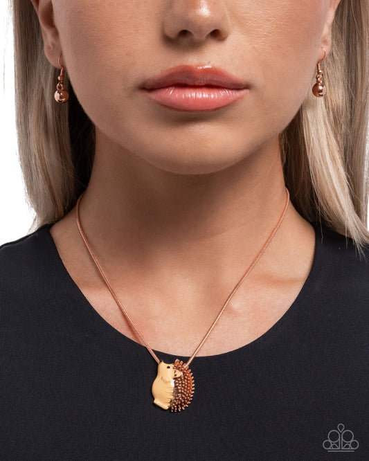 Porcupine Pizzazz - Copper - Shiny Copper, Brush & Yellow Studded Porcupine Pendant Necklace Paparazzi N3552