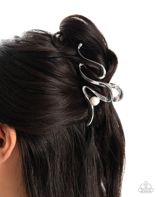 Paparazzi Melodic Monarch - White Pearl Silver Wave Metallic Hair Claw Clip