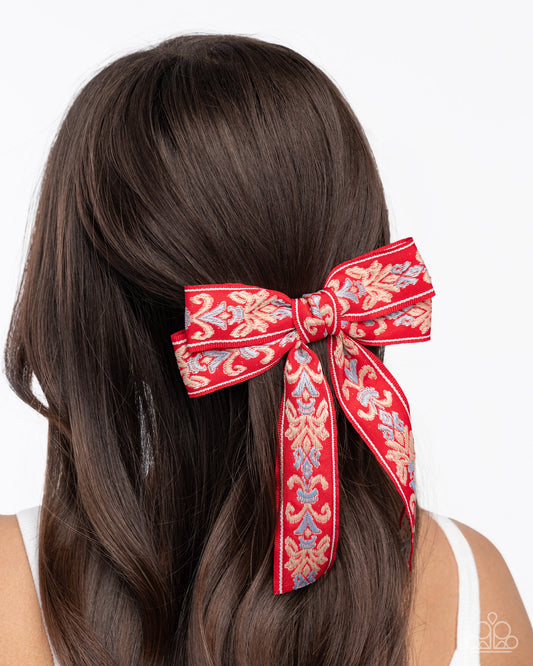 Printed Parlor - Red, Blue White Vintage European Pattern Ribbon Hair Bow Clip Paparazzi H0221