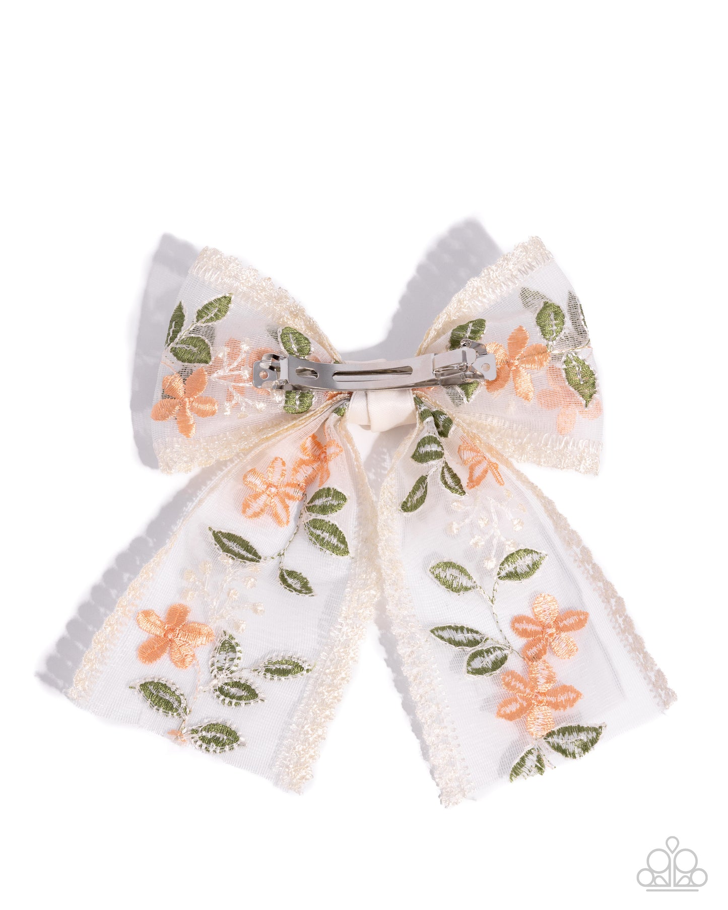 Garden Guardian - Orange Flowers, Green Leave & White Lace Trimmed Hair Bow Paparazzi H0194