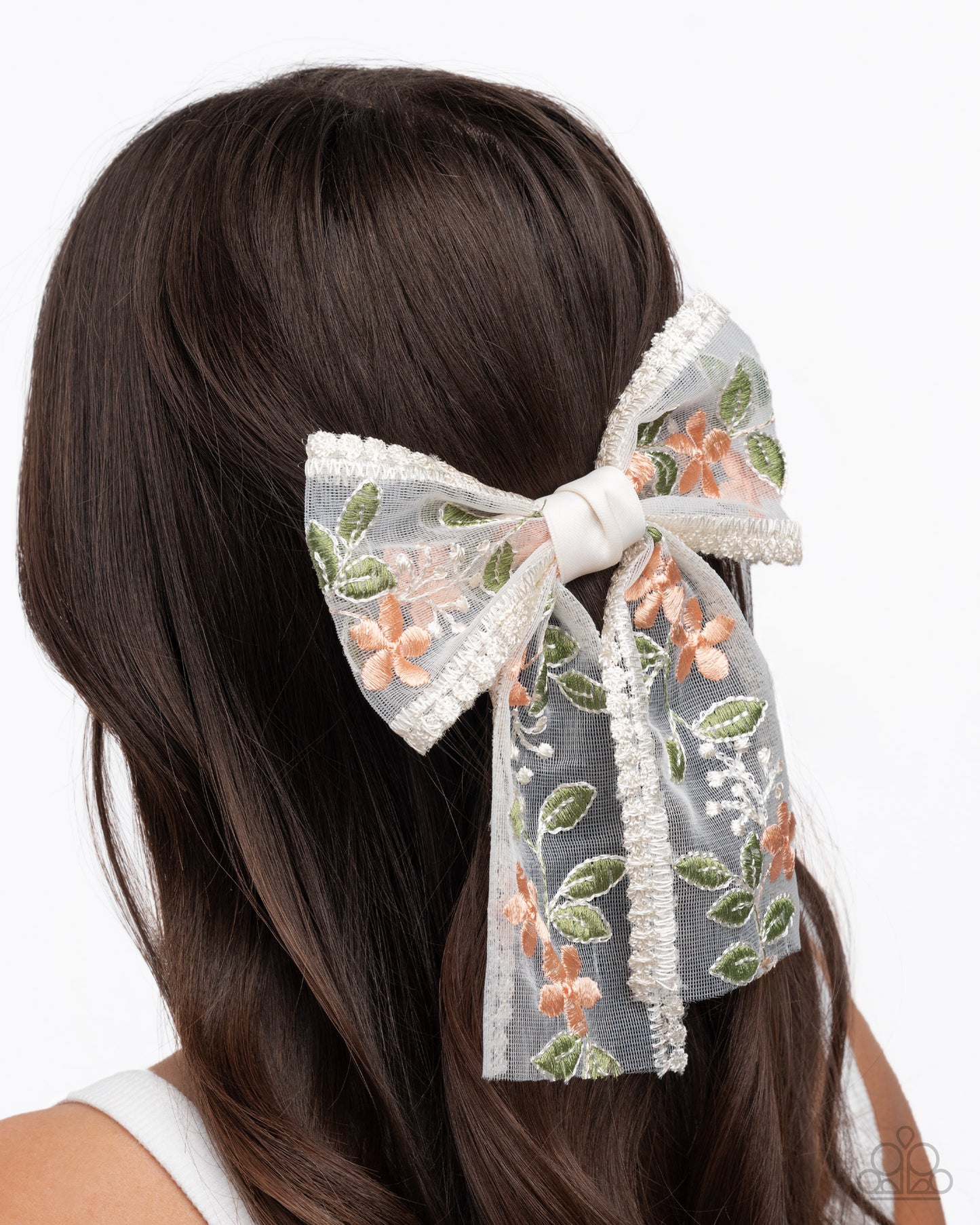 Garden Guardian - Orange Flowers, Green Leave & White Lace Trimmed Hair Bow Paparazzi H0194