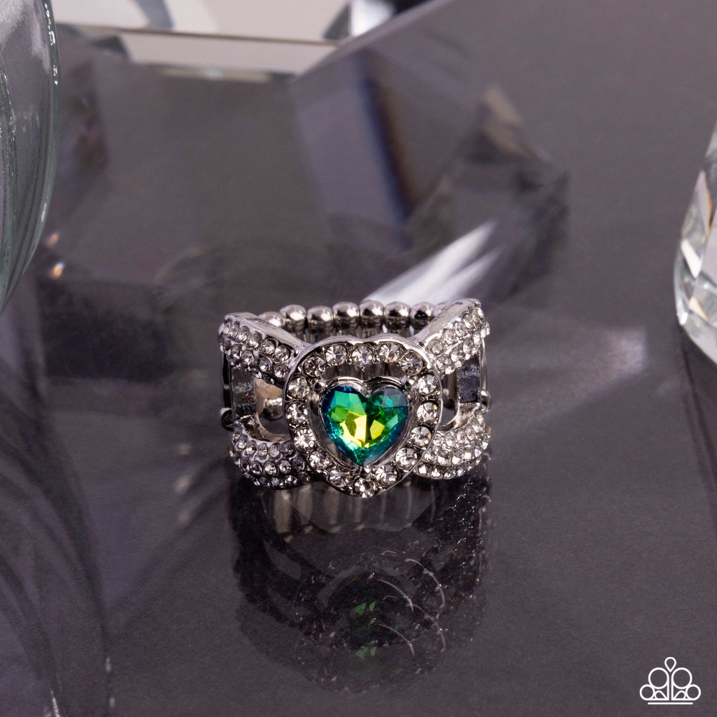 Paparazzi Lovely Levels - Green Blue UV Heart Gem Silver Ring R1348