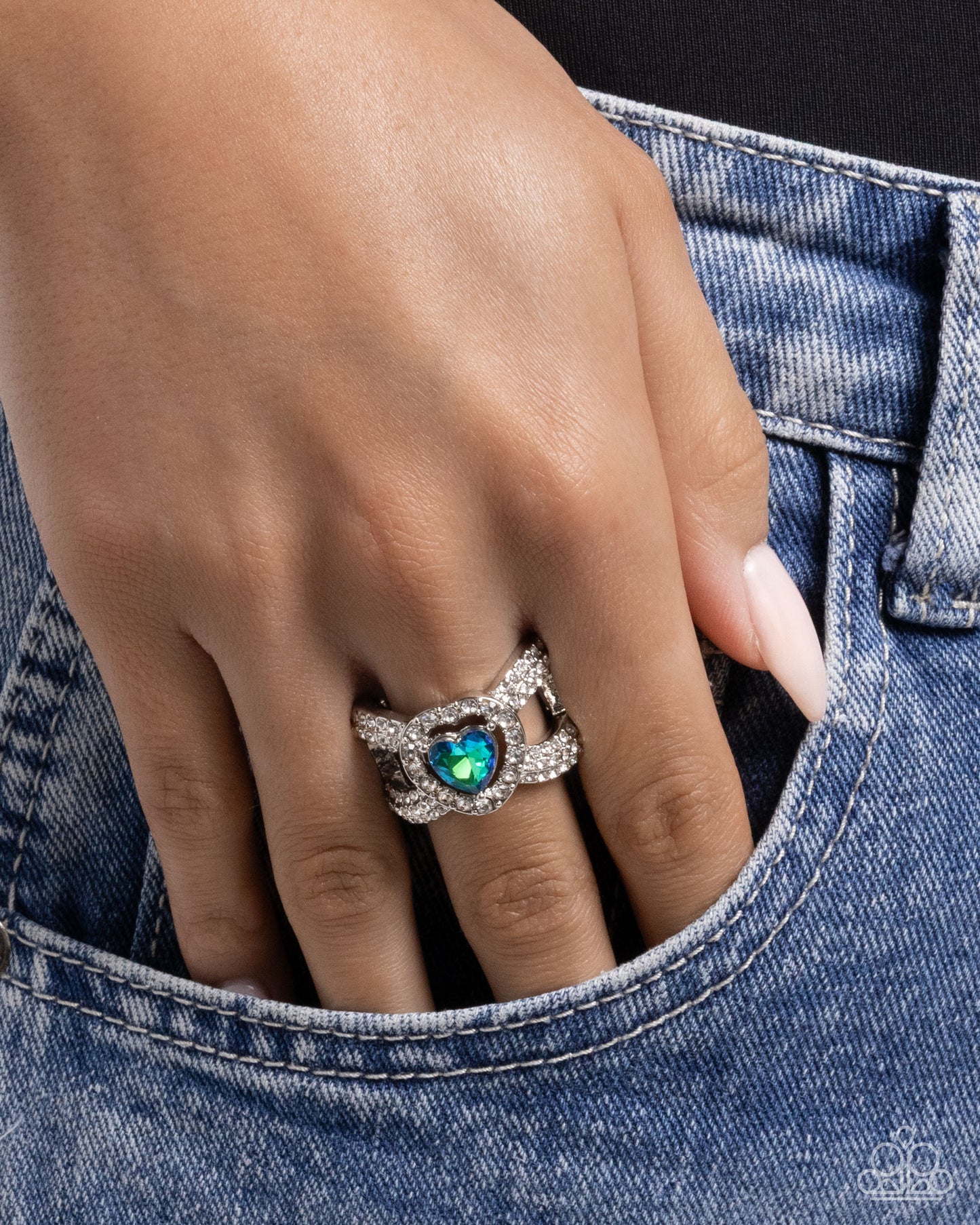 Paparazzi Lovely Levels - Green Blue UV Heart Gem Silver Ring R1348