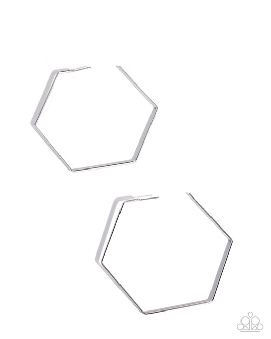 Handcrafted Hexagons - Silver Hexagon 3 Inch Hoop Earrings Paparazzi E3068