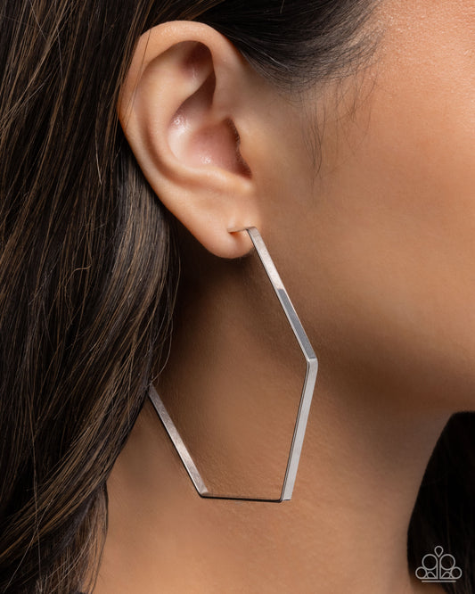 Handcrafted Hexagons - Silver Hexagon 3 Inch Hoop Earrings Paparazzi E3068