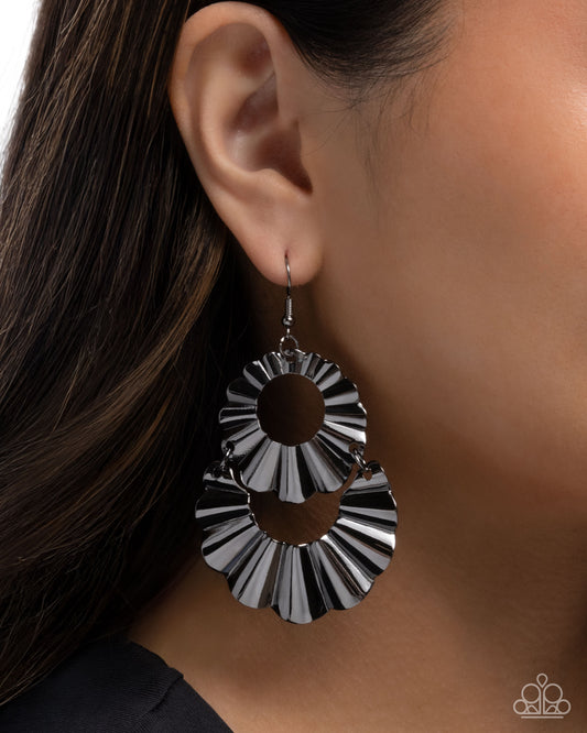 Crimped Consistency - Black Gunmetal Scalloped Double Drop Earring Paparazzi E3025