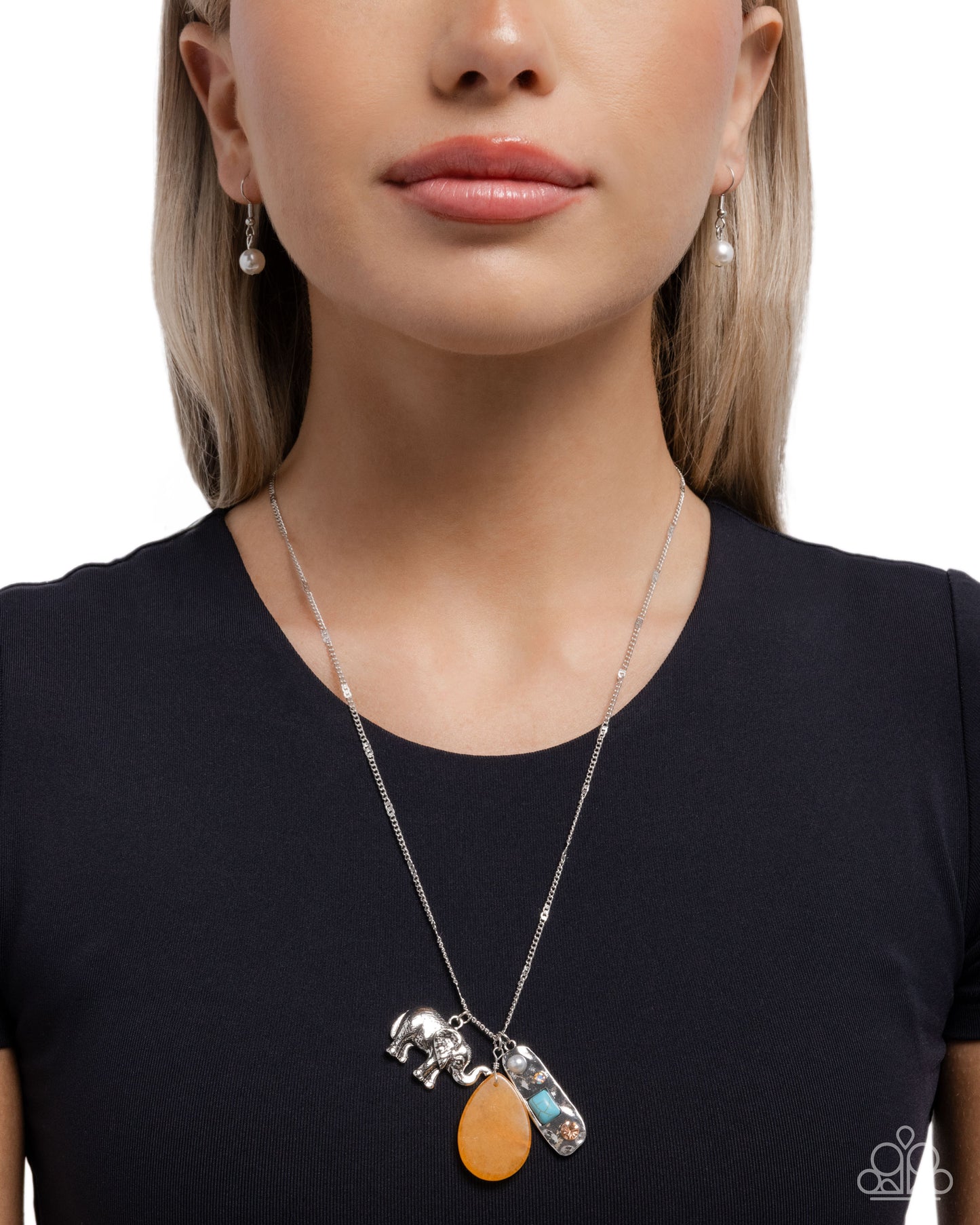 Paparazzi Elephant Empire - Orange Teardrop, Turquoise Stone & Antiqued Silver Elephant Necklace N3934