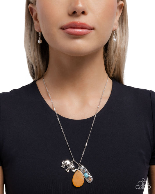 Paparazzi Elephant Empire - Orange Teardrop, Turquoise Stone & Antiqued Silver Elephant Necklace N3934