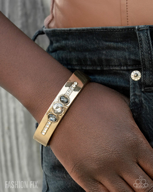 Sumptuous Sass - Multi White, Smoky & Champagne Gem Gold Hinged Bracelet Fashion Fix Magnificent Musings August 2025Paparazzi B2431