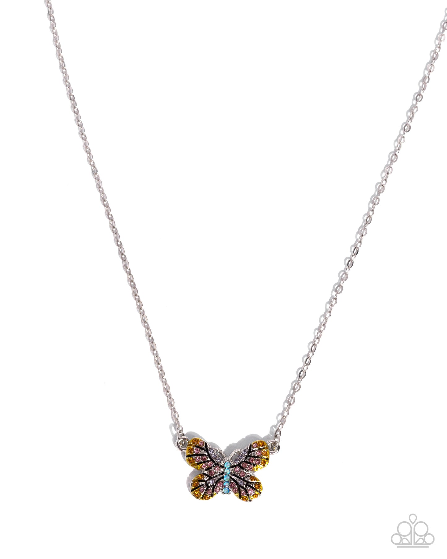 Paparazzi Gliding Glam - Yellow, Topaz, Light Rose, Light Violet, Iridescent Blue Rhinestone SilverButterfly Pendant Necklace