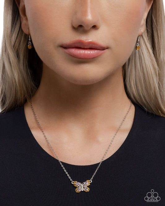 Paparazzi Gliding Glam - Yellow, Topaz, Light Rose, Light Violet, Iridescent Blue Rhinestone SilverButterfly Pendant Necklace