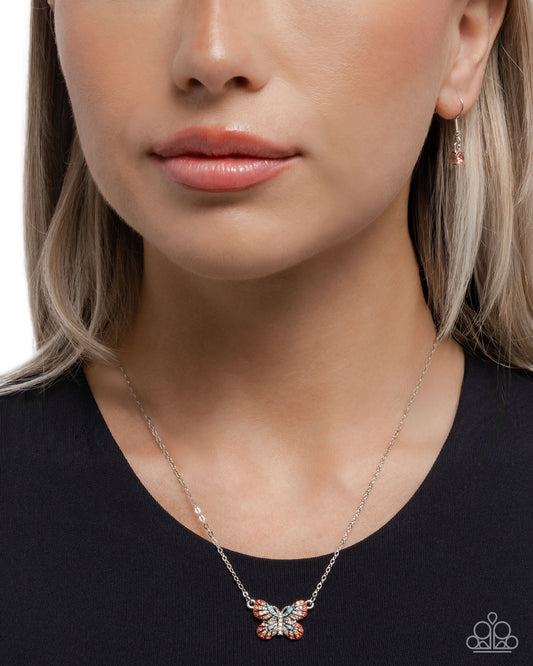 Gliding Glam - Orange, Rose, Peach, Iridescent Blue Rhinestone Butterfly Necklace Paparazzi N3508