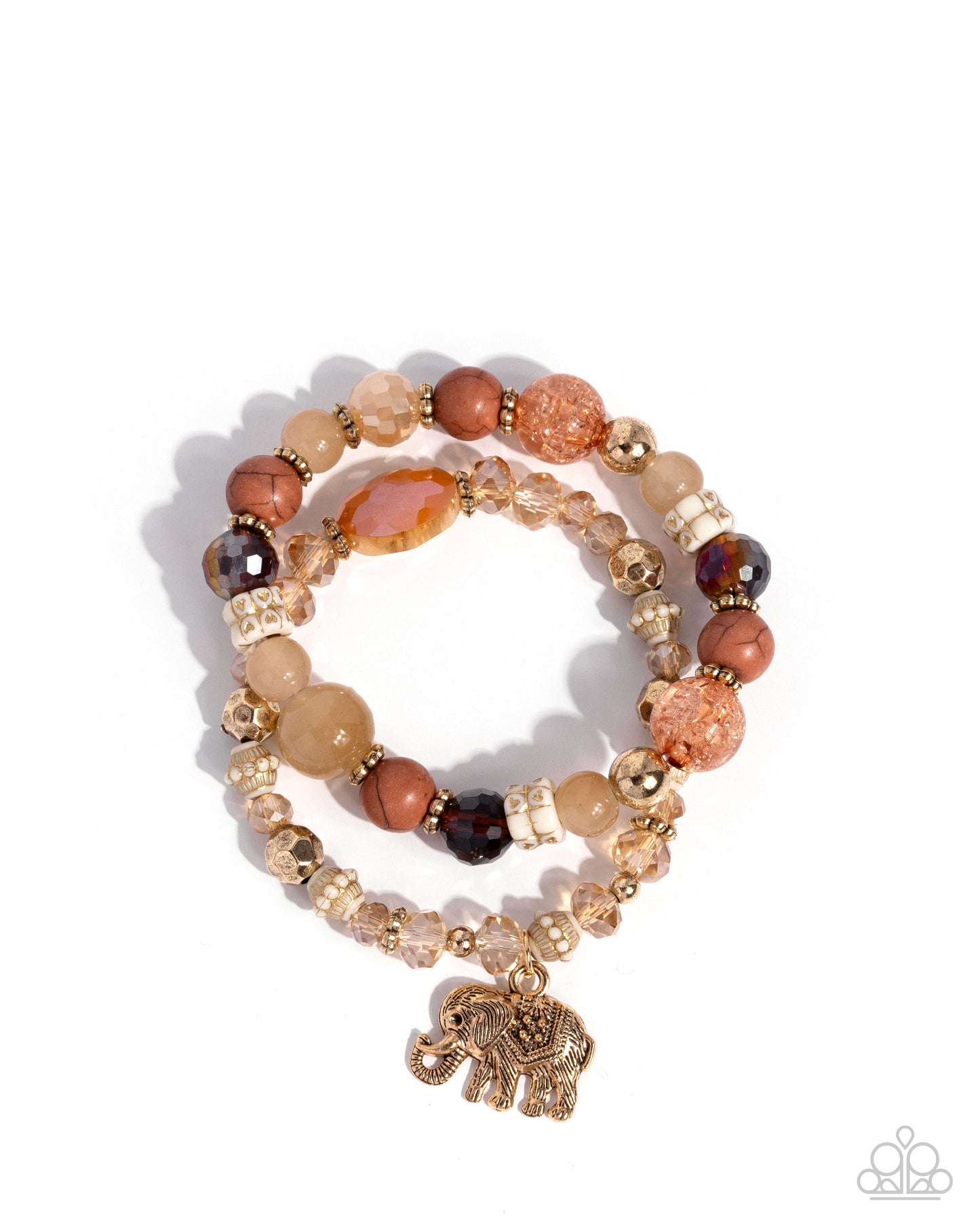 Paparazzi Wise Whimsy - Brown Bran Stone & Brown Crackle Beads, Gold Elephant Set Of 2 Bracelets B2637