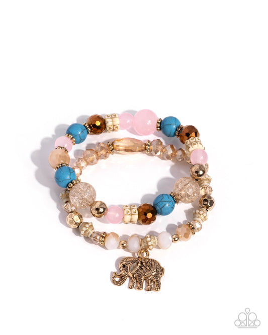Paparazzi Wise Whimsy - Pink, Turquoise Stone & Gold Elephant Charm Set of 2 Stretch Bracelets B2697
