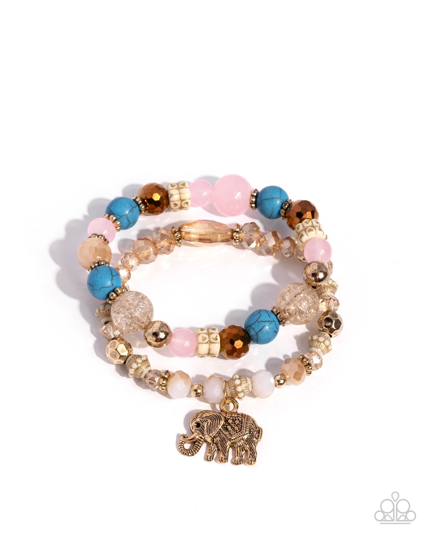 Paparazzi Wise Whimsy - Pink, Turquoise Stone & Gold Elephant Charm Set of 2 Stretch Bracelets B2697
