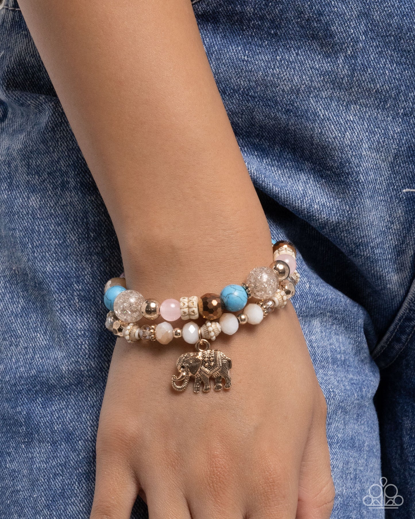 Paparazzi Wise Whimsy - Pink, Turquoise Stone & Gold Elephant Charm Set of 2 Stretch Bracelets B2697
