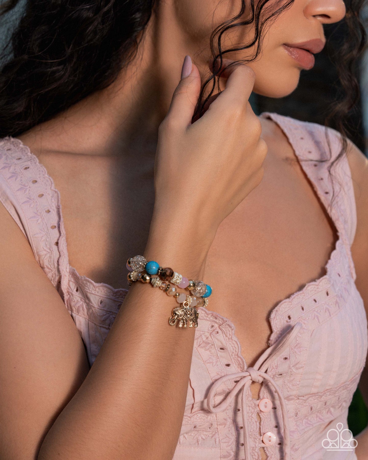 Paparazzi Wise Whimsy - Pink, Turquoise Stone & Gold Elephant Charm Set of 2 Stretch Bracelets B2697