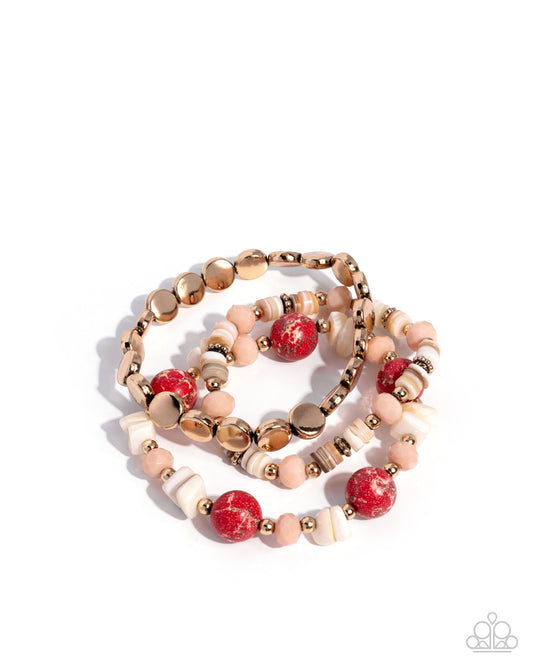 Earthy Entertainer - Red Stone, Gold, Black & White Bead Stretch Bracelet Set Of 3 Paparazzi B2354