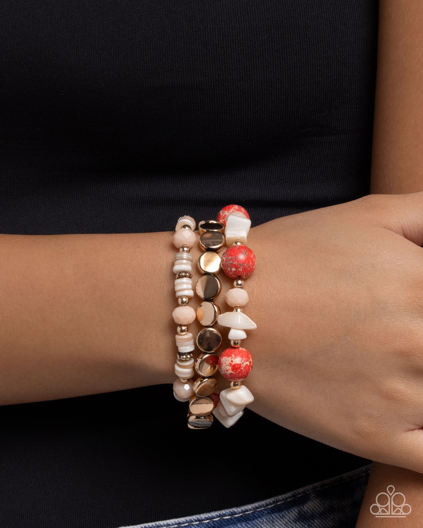 Earthy Entertainer - Red Stone, Gold, Black & White Bead Stretch Bracelet Set Of 3 Paparazzi B2354
