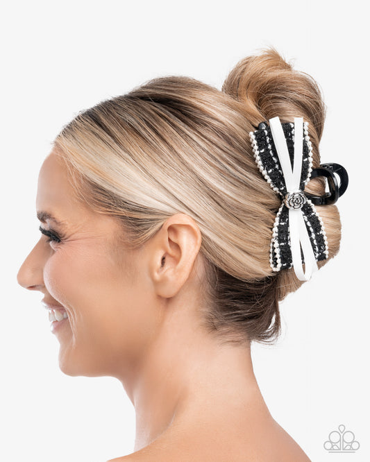 Private School - Black & White Plaid Pearly Ribbon Acrylic Hair Claw Clip Paparazzi H0216
