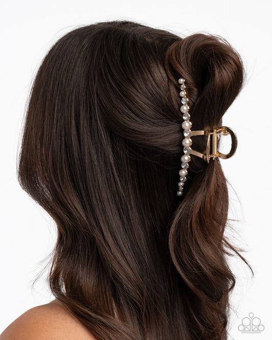 Social Shimmer - Gold White Gem & Pearl Hair Claw Clip Paparazzi H0200