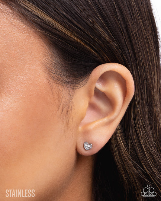 All My Affection - White Rhinestone Silver Heart Stainless Steel Post Earring Paparazzi E3110