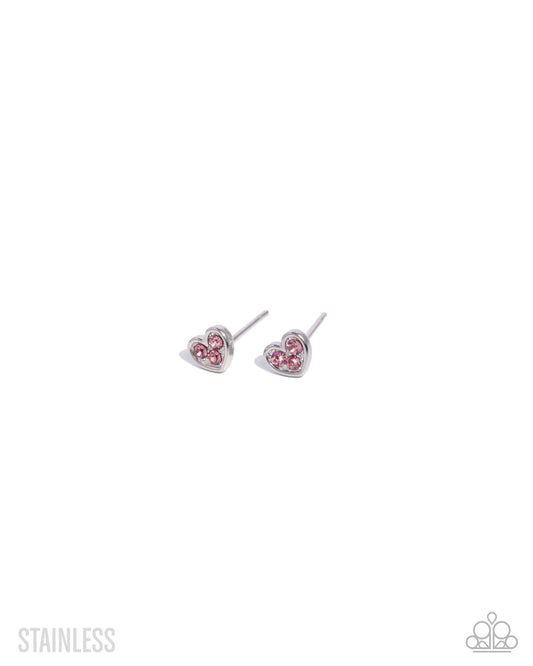 All My Affection - Pink - Light Rose Rhinestone Silver Heart Stainless Steel Earring Paparazzi