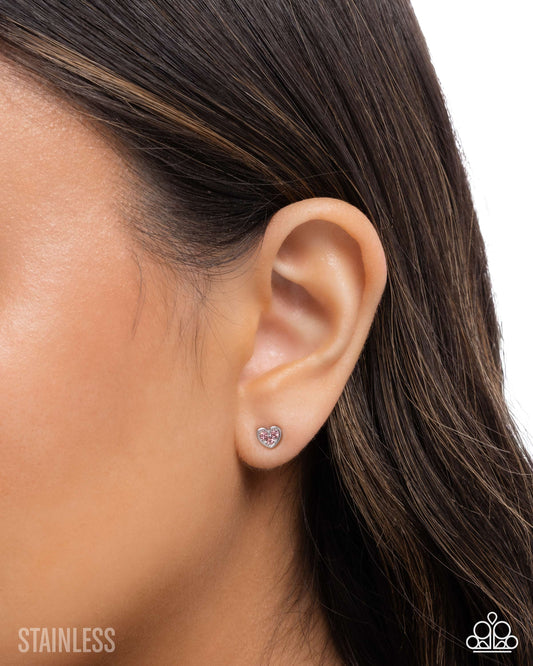 All My Affection - Pink - Light Rose Rhinestone Silver Heart Stainless Steel Earring Paparazzi