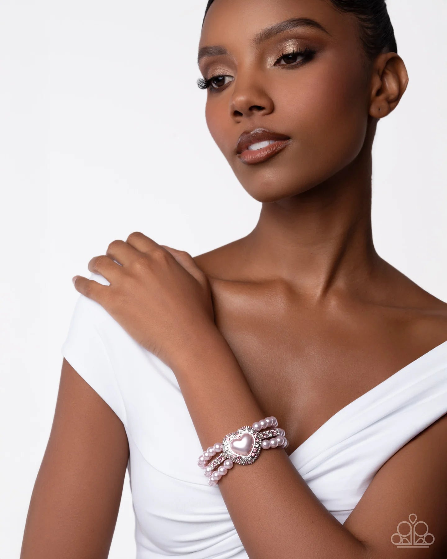 Lifelong Love Letter - Pink Pearl Rhinestone Silver Heart Stretch Bracelet Paparazzi 2025 Convention Exclusive B2333